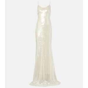 Ilkyaz Ozel Sequined White Polyester Open-Back Gown Size 36 - NWT